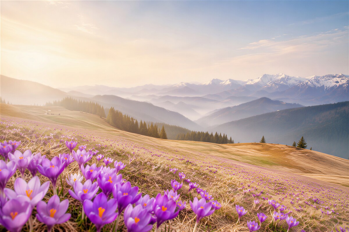Papier peint crocus violets dans les montagnes