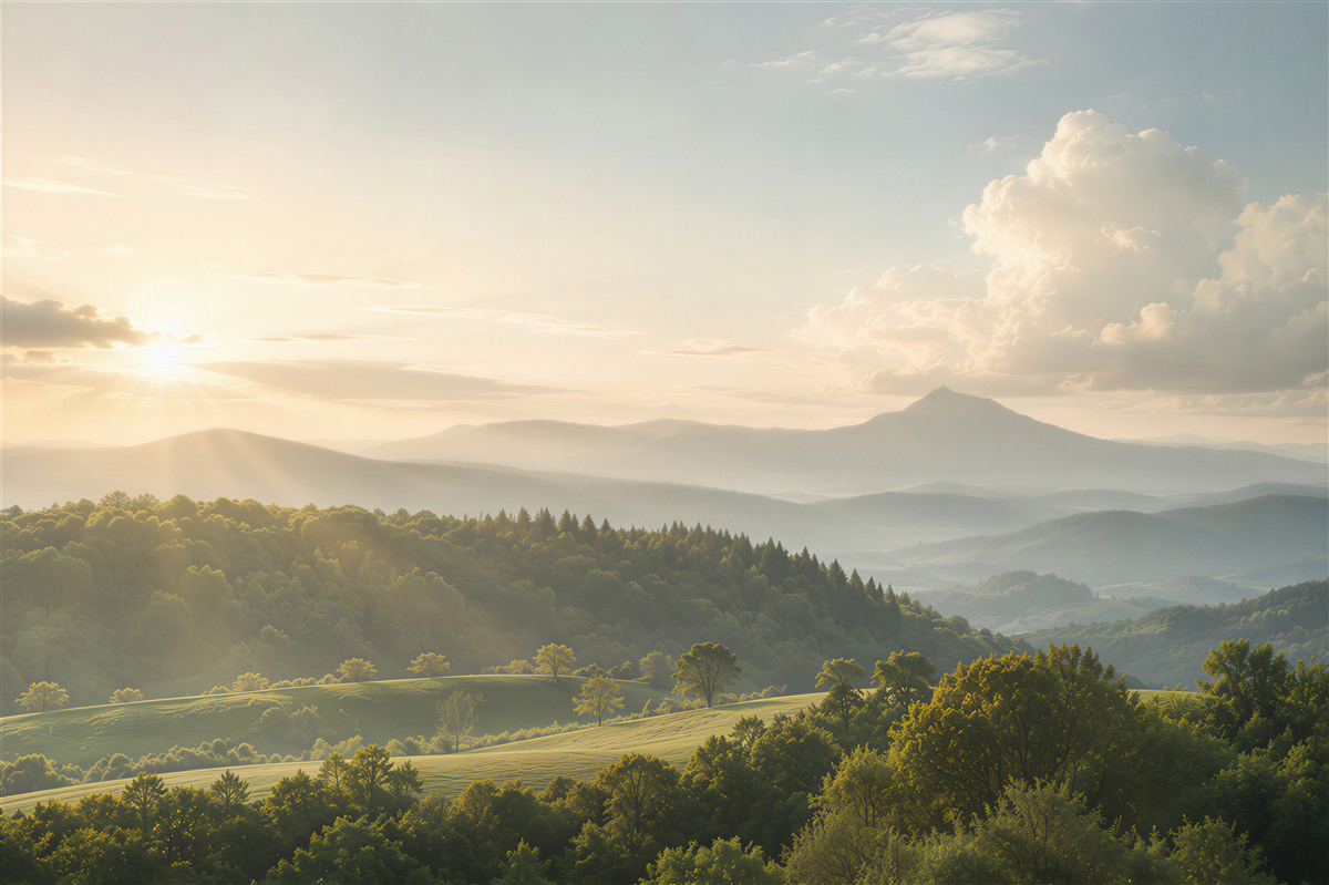 Papier peint rayons du soleil du matin au-dessus des sommets des montagnes