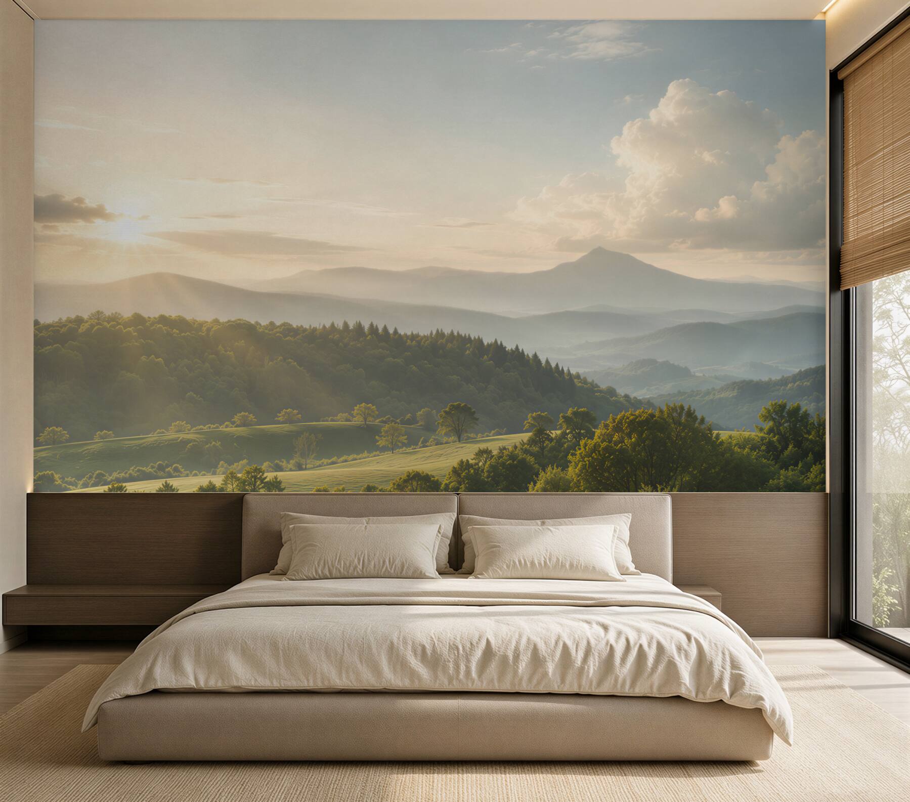 Papier peint rayons du soleil du matin au-dessus des sommets des montagnes