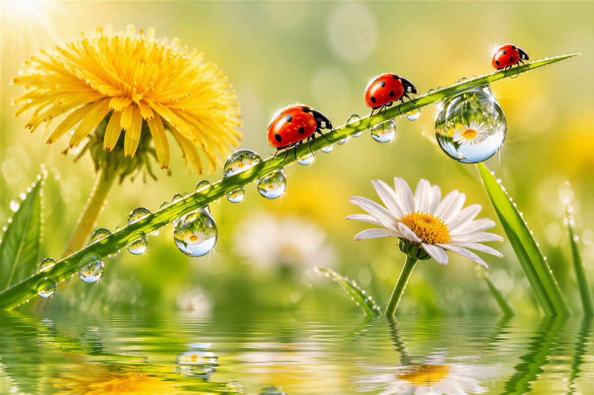 Papier peint coccinelles et pissenlit après la pluie