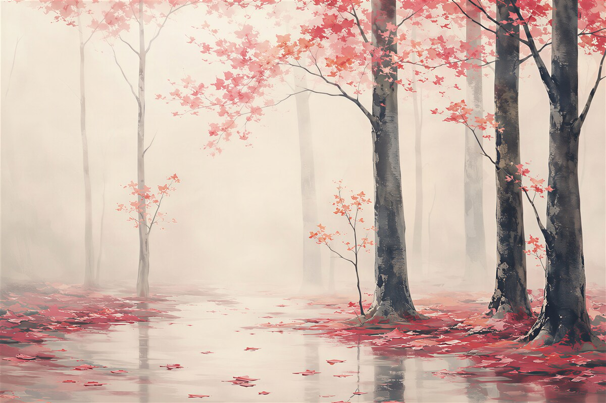 Papier peint paysage avec des feuilles d'automne sur l'eau