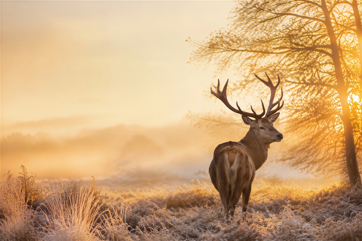 Papier peint magnifique cerf regardant le coucher de soleil sur une prairie