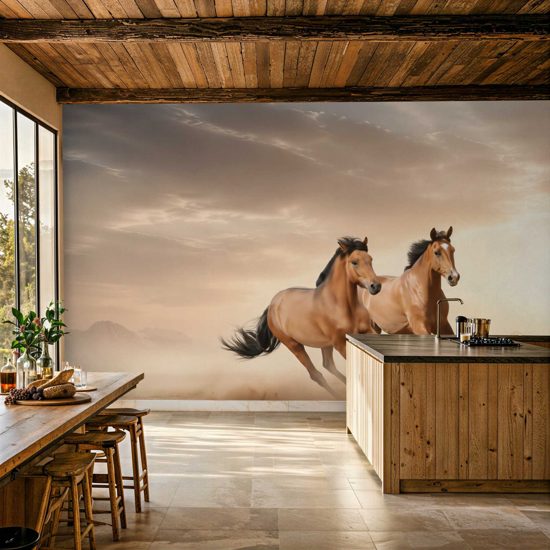 Papier peint chevaux bruns courant en couple