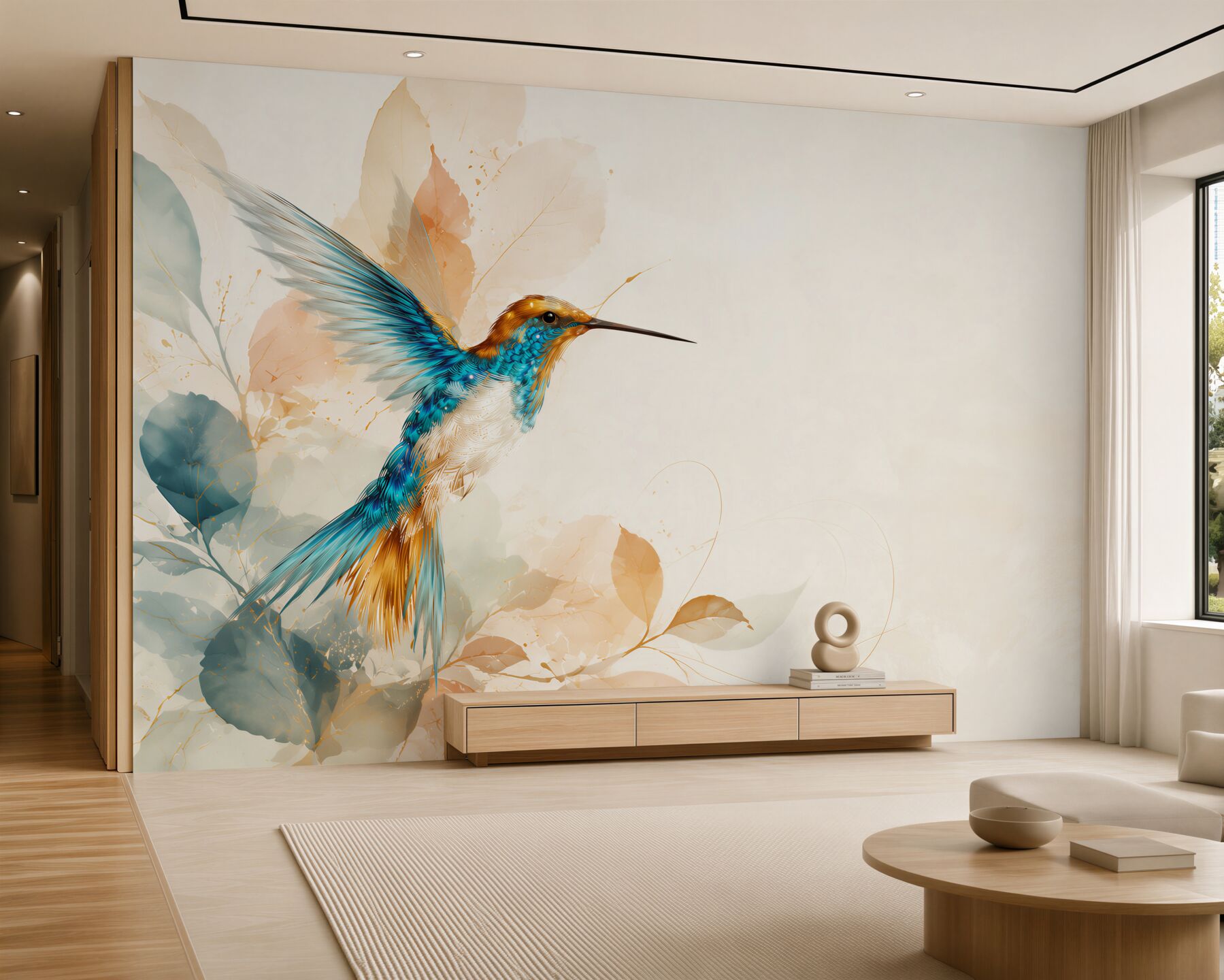 Papier peint abstraction colibri bleu
