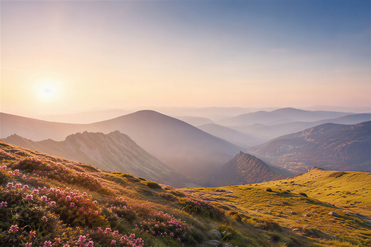 Papier peint paysage du sommet de la montagne au lever du soleil