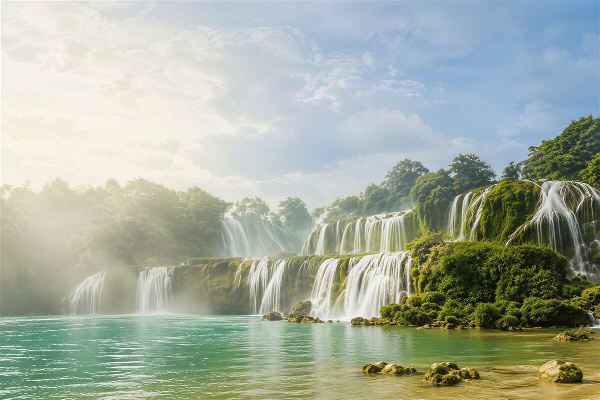 Papier peint cascades tombant dans un lac