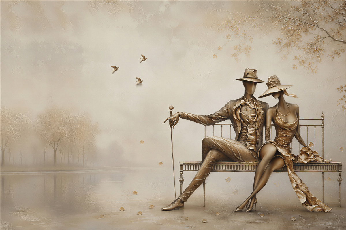 Papier peint jeune couple sur un banc sous la pluie