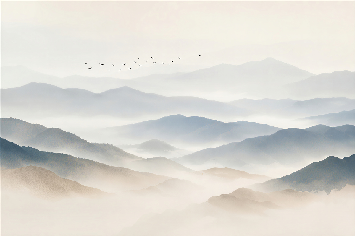 Papier peint oiseaux au-dessus de la forêt brumeuse du matin