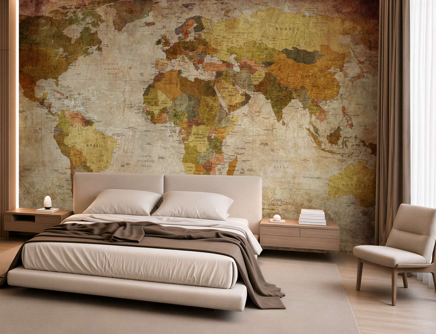 Papier peint carte du monde en nuances de brun