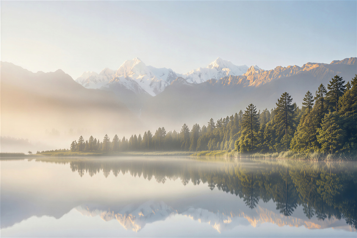 Papier peint brouillard au-dessus des eaux du lac de montagne
