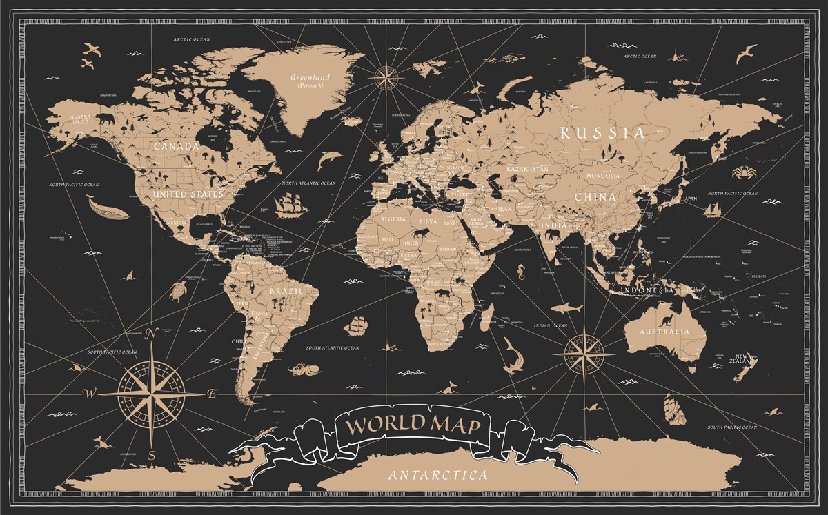 Papier peint carte du monde sur fond noir