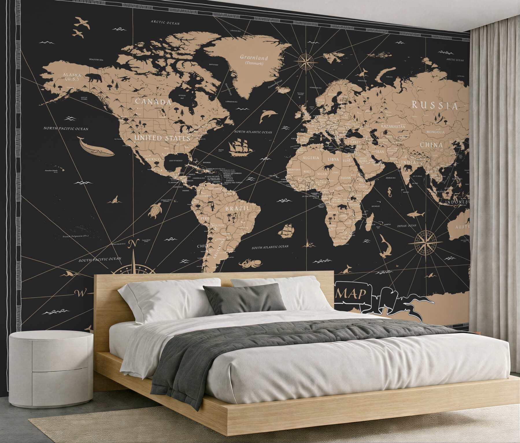 Papier peint carte du monde sur fond noir