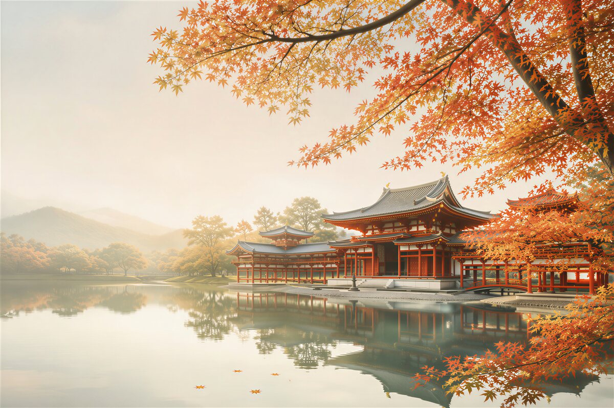 Papier peint parc japonais dans le reflet d'automne