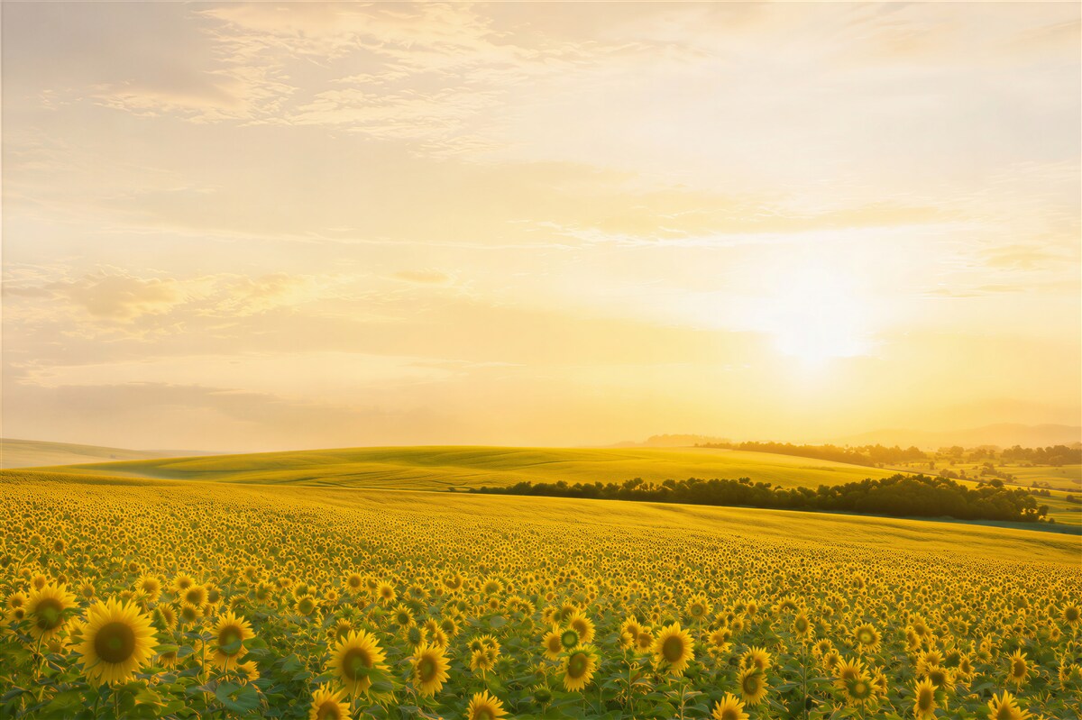 Papier peint soleil éclatant au-dessus d'un champ de tournesols