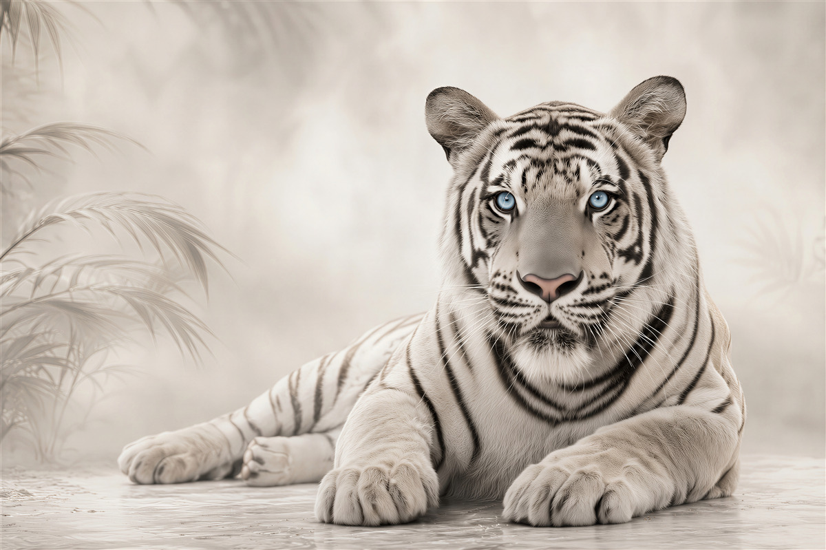 Papier peint joli tigre noir et blanc aux yeux bleus