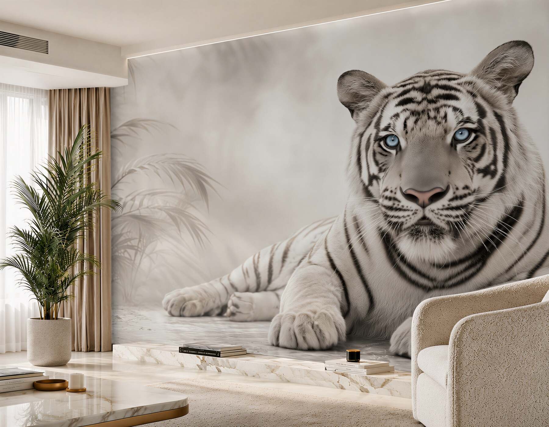 Papier peint joli tigre noir et blanc aux yeux bleus