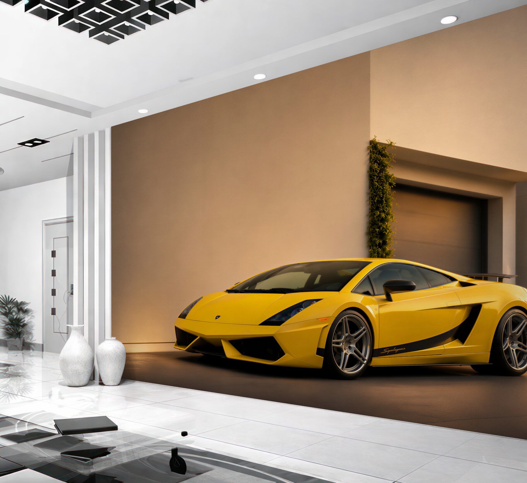 Papier peint voiture jaune élégante près d'une maison