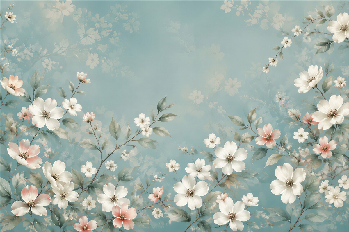 Papier peint petites fleurs sur fond bleu