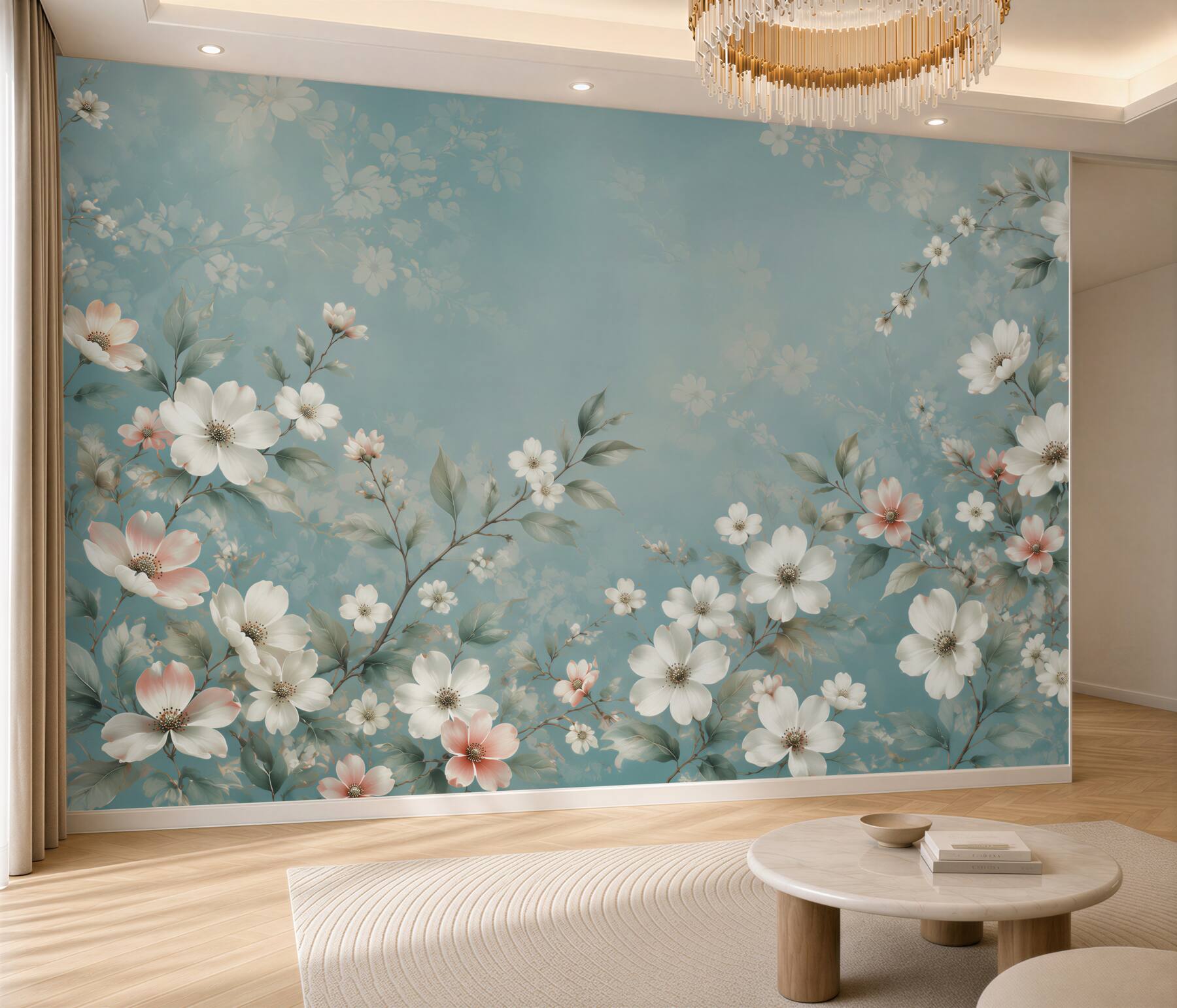 Papier peint petites fleurs sur fond bleu