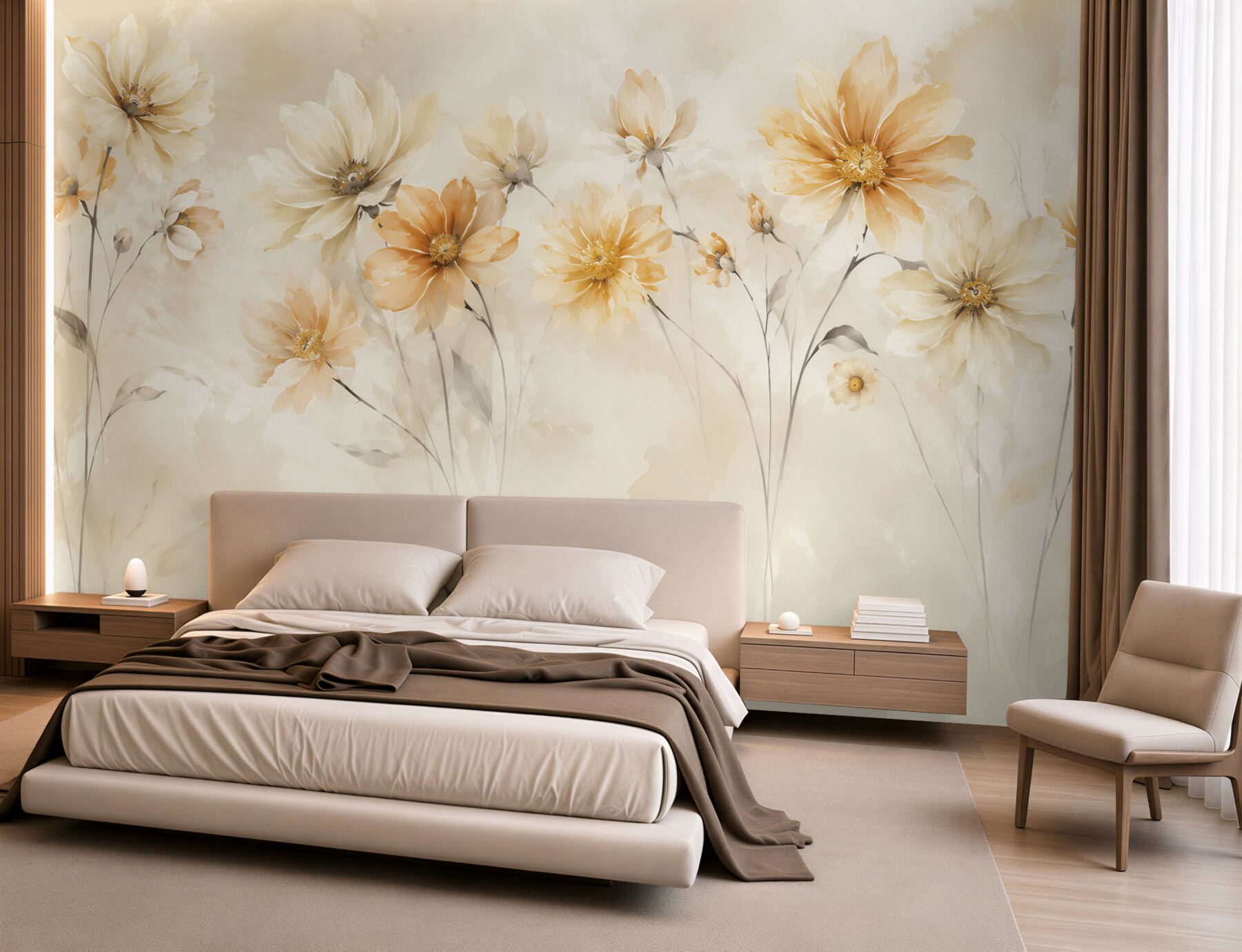 Papier peint fleurs vintage sur fond gris