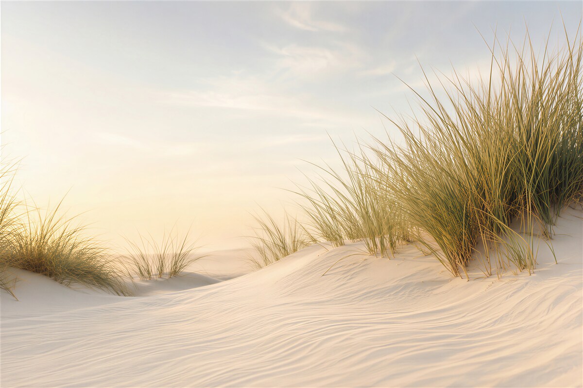 Papier peint plage de sable avec verdure à l'aube