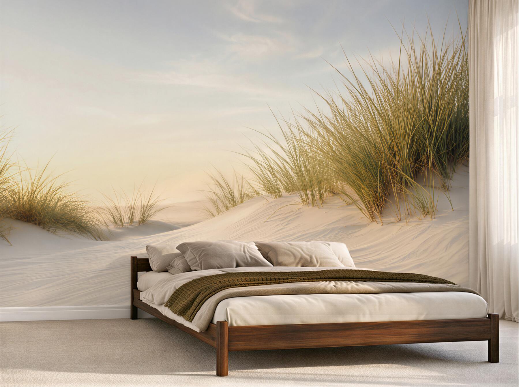 Papier peint plage de sable avec verdure à l'aube