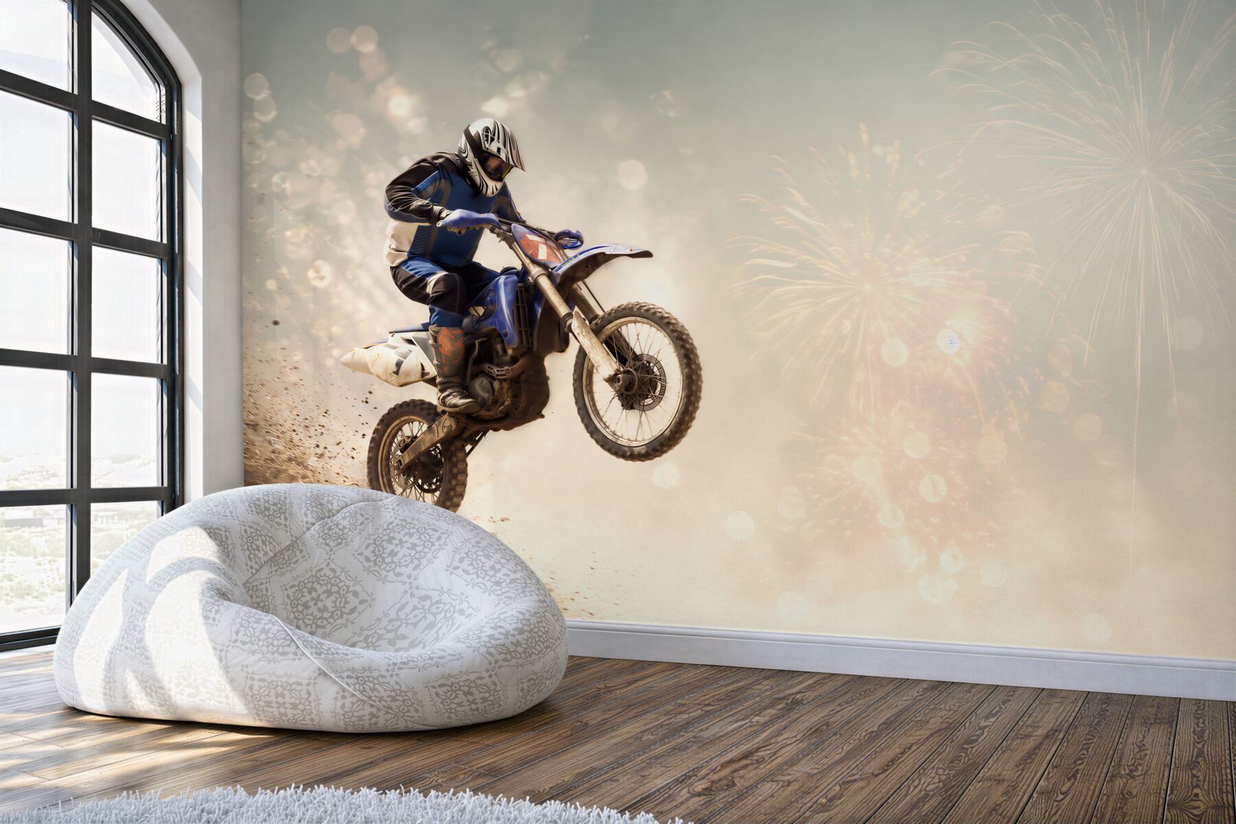 Papier peint motocycliste sur fond de feux d'artifice