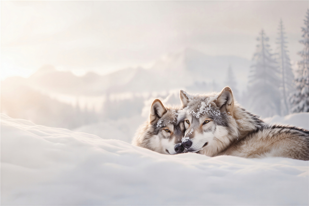 Papier peint loups gris dans la neige blanche