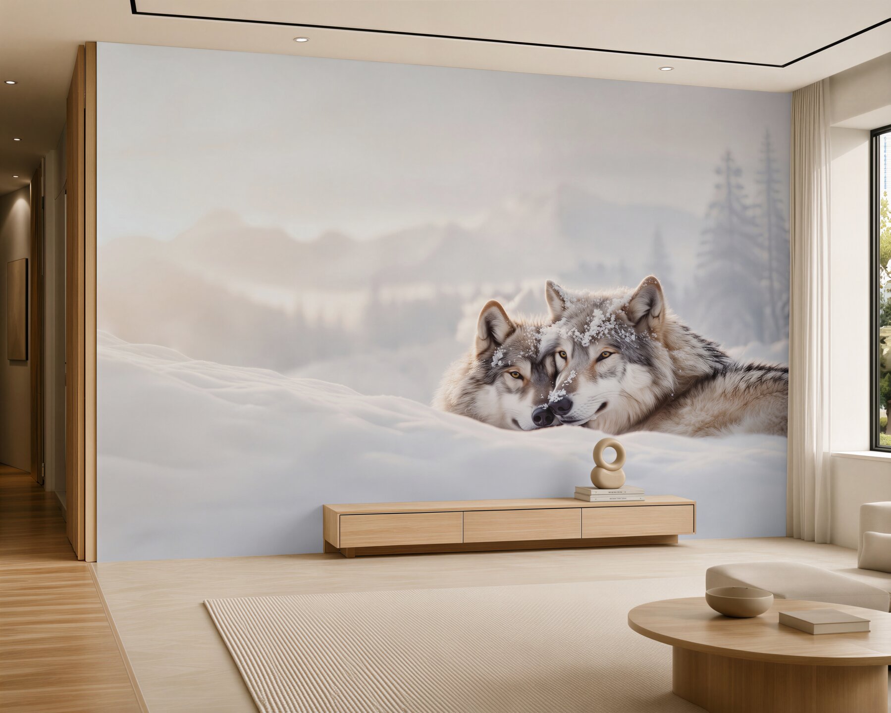 Papier peint loups gris dans la neige blanche