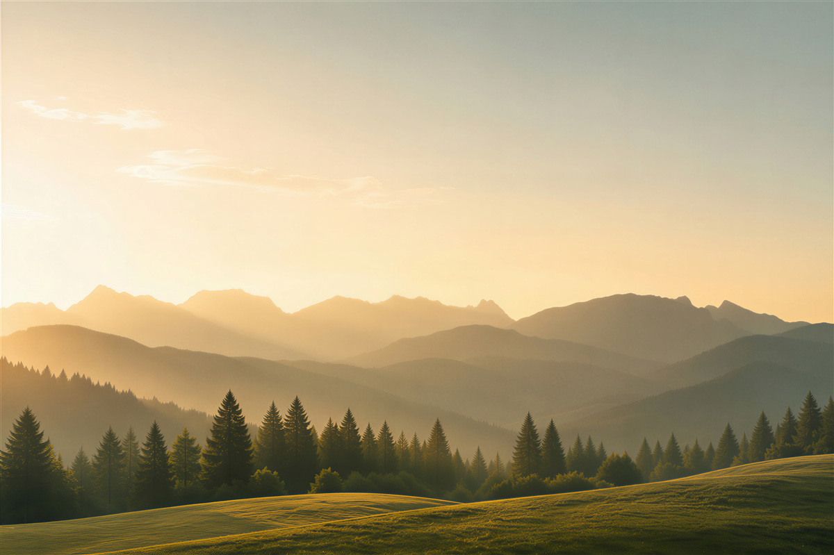 Papier peint coucher de soleil jaune extraordinaire dans une forêt de montagne brumeuse