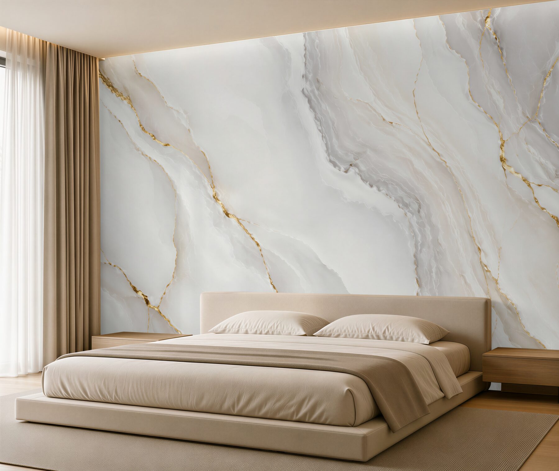 Papier peint marbre gris et blanc avec accents dorés