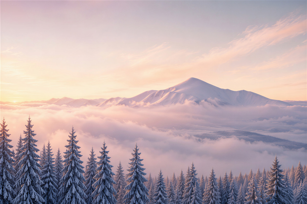 Papier peint coucher de soleil rose d'hiver avec brouillard dans les montagnes