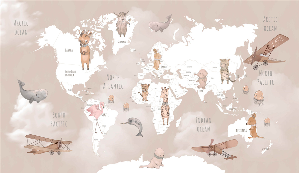 Papier peint carte du monde avec animaux et avions
