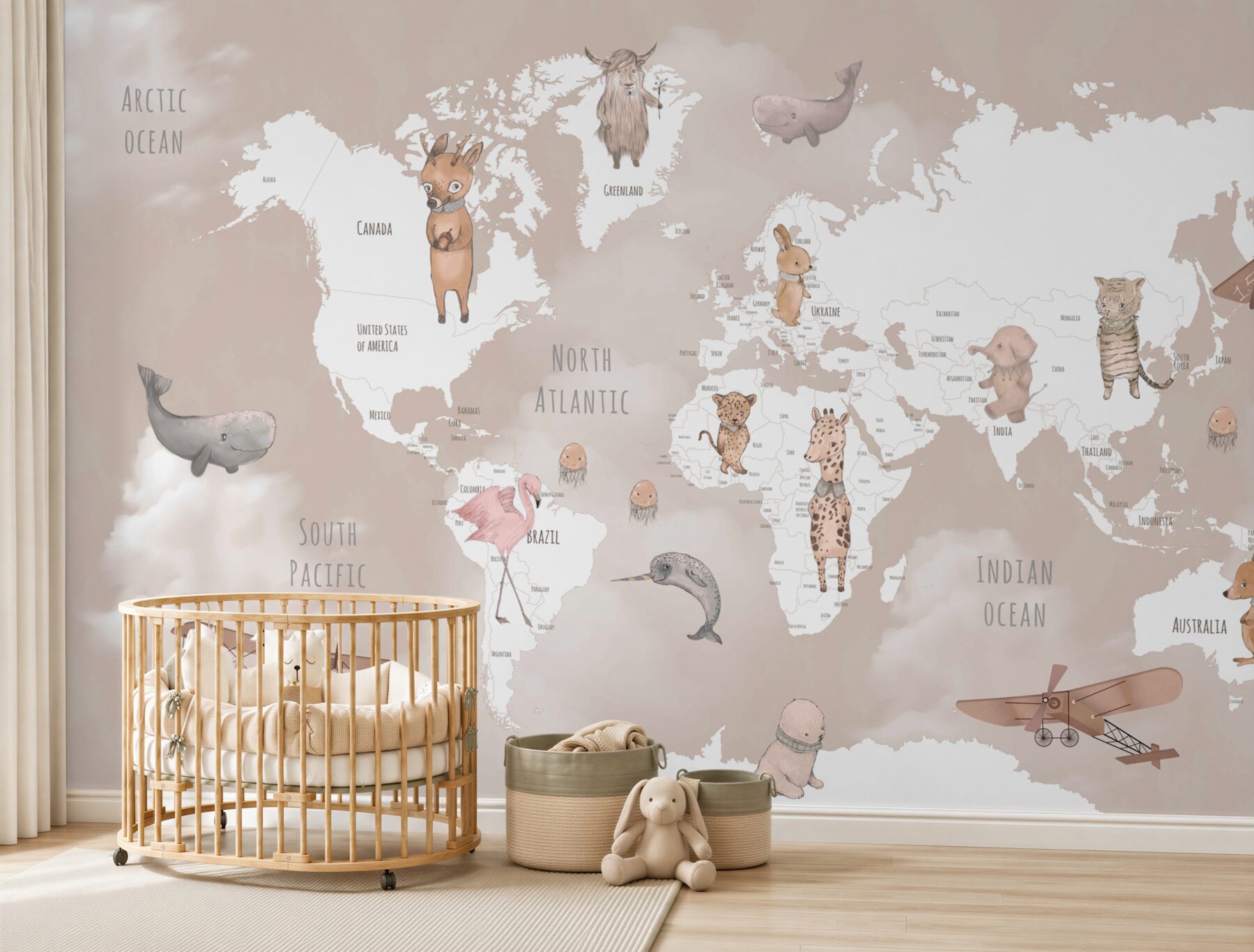Papier peint carte du monde avec animaux et avions