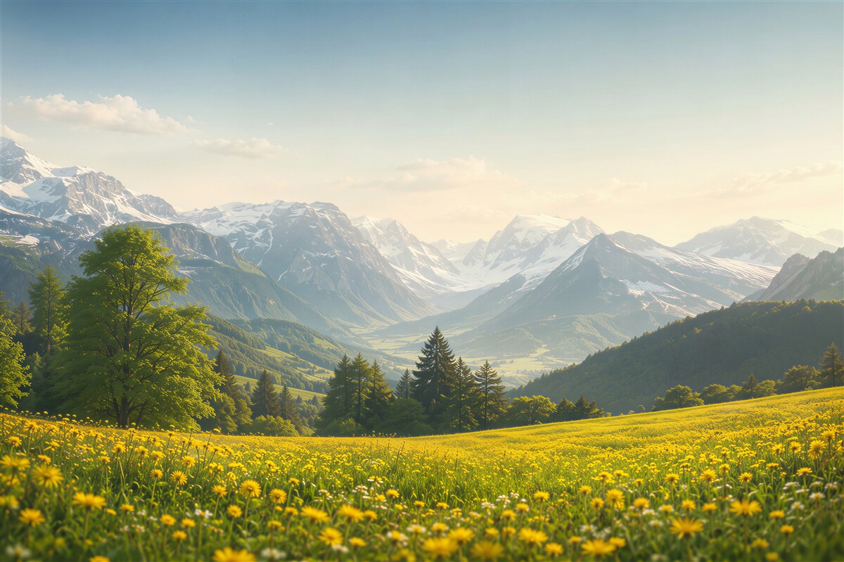 Papier peint champ de pissenlits jaunes avec vue sur les montagnes