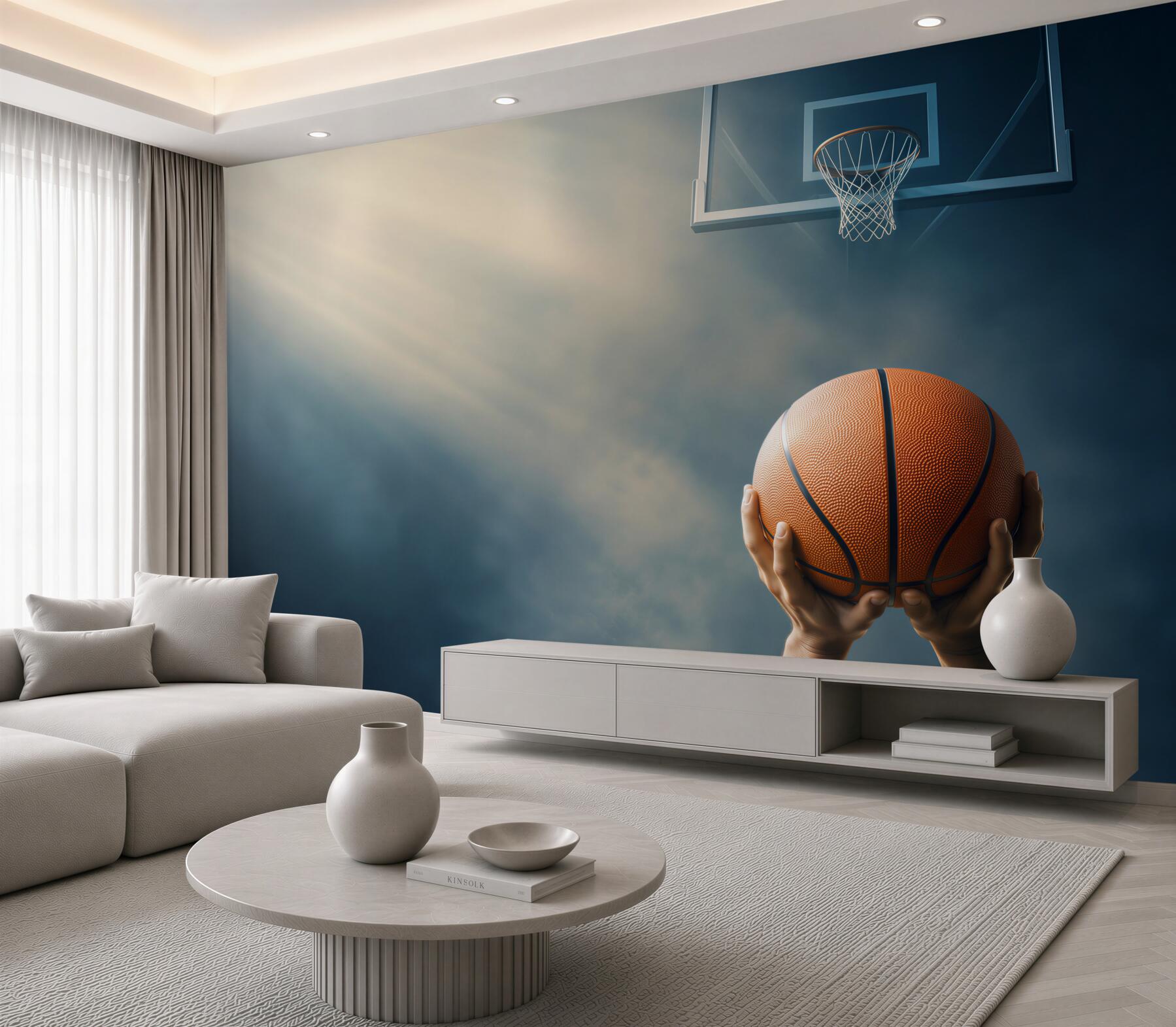 Papier peint mains tenant un ballon de basket devant un cerceau