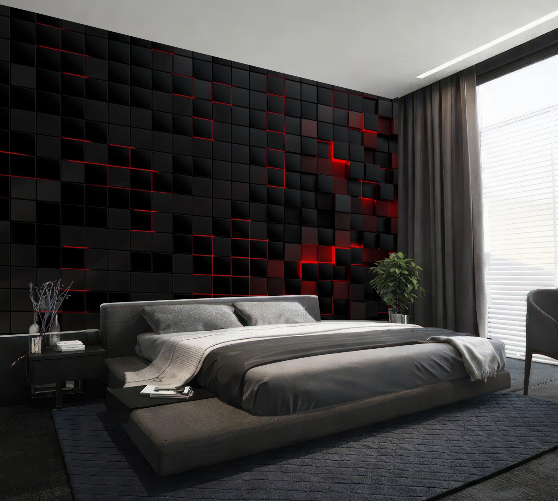 Papier peint mur texturé noir composé de carrés avec lumière rouge