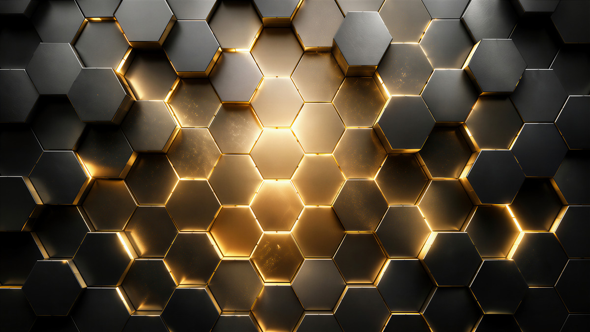 Papier peint de nombreux hexagones avec éclairage doré