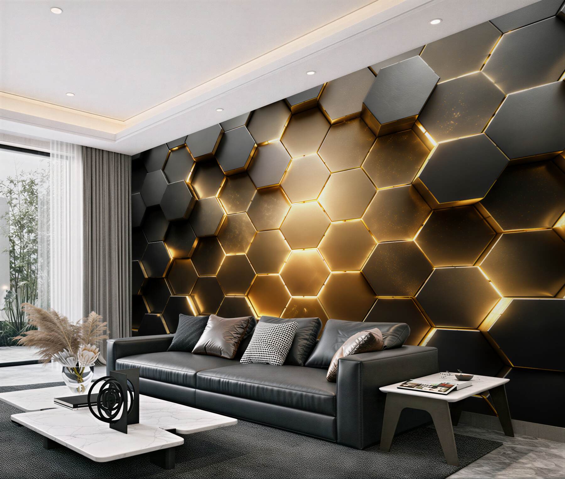 Papier peint de nombreux hexagones avec éclairage doré