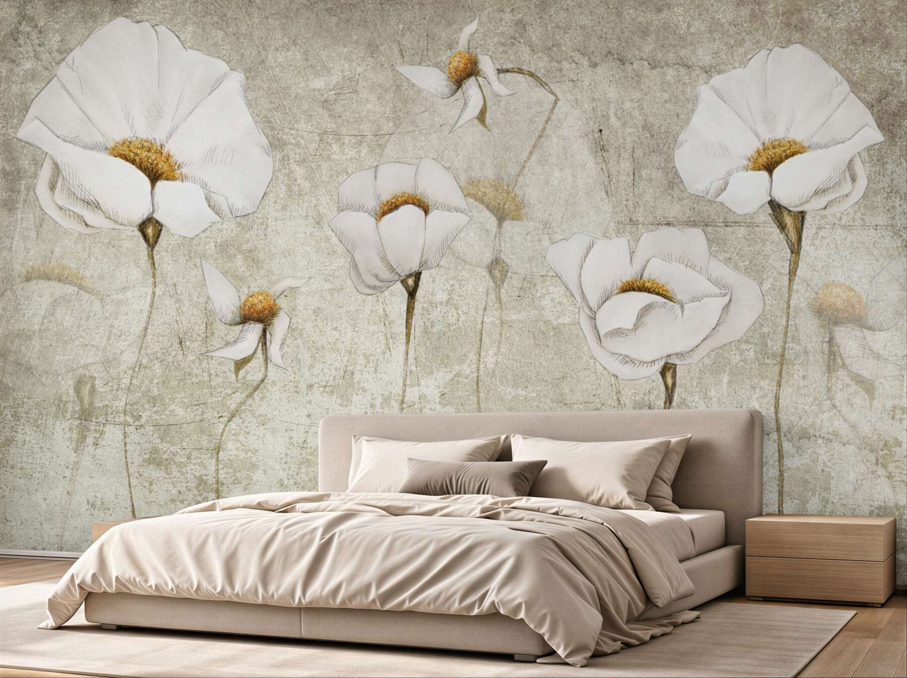 Papier peint fleurs blanches élancées dans un champ