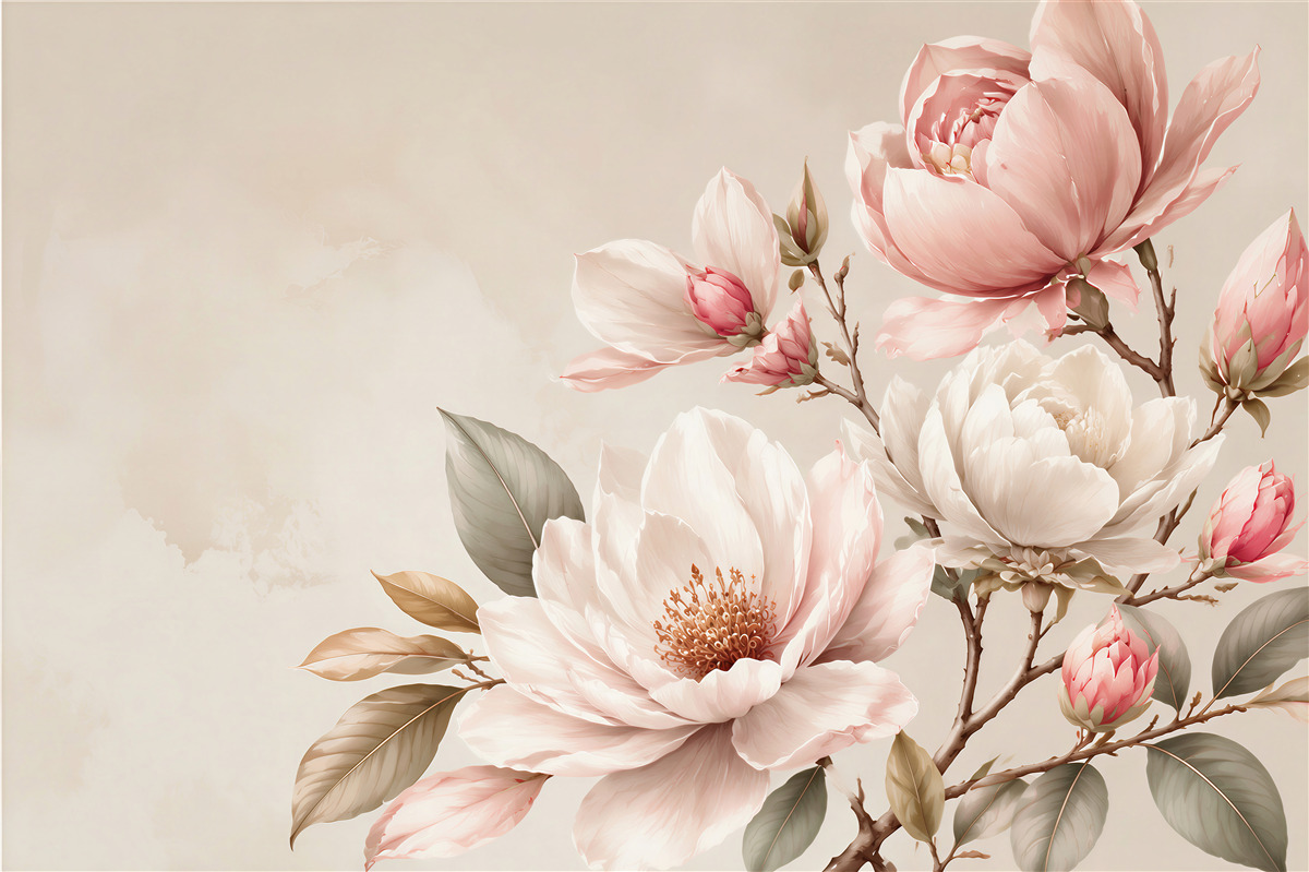 Papier peint fleurs blanches et rouges de magnolia sur des branches
