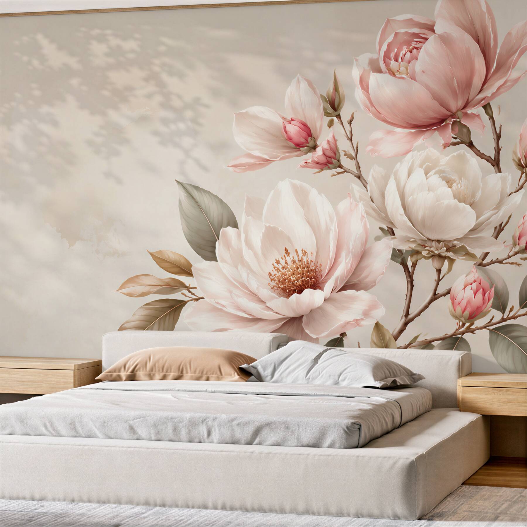 Papier peint fleurs blanches et rouges de magnolia sur des branches