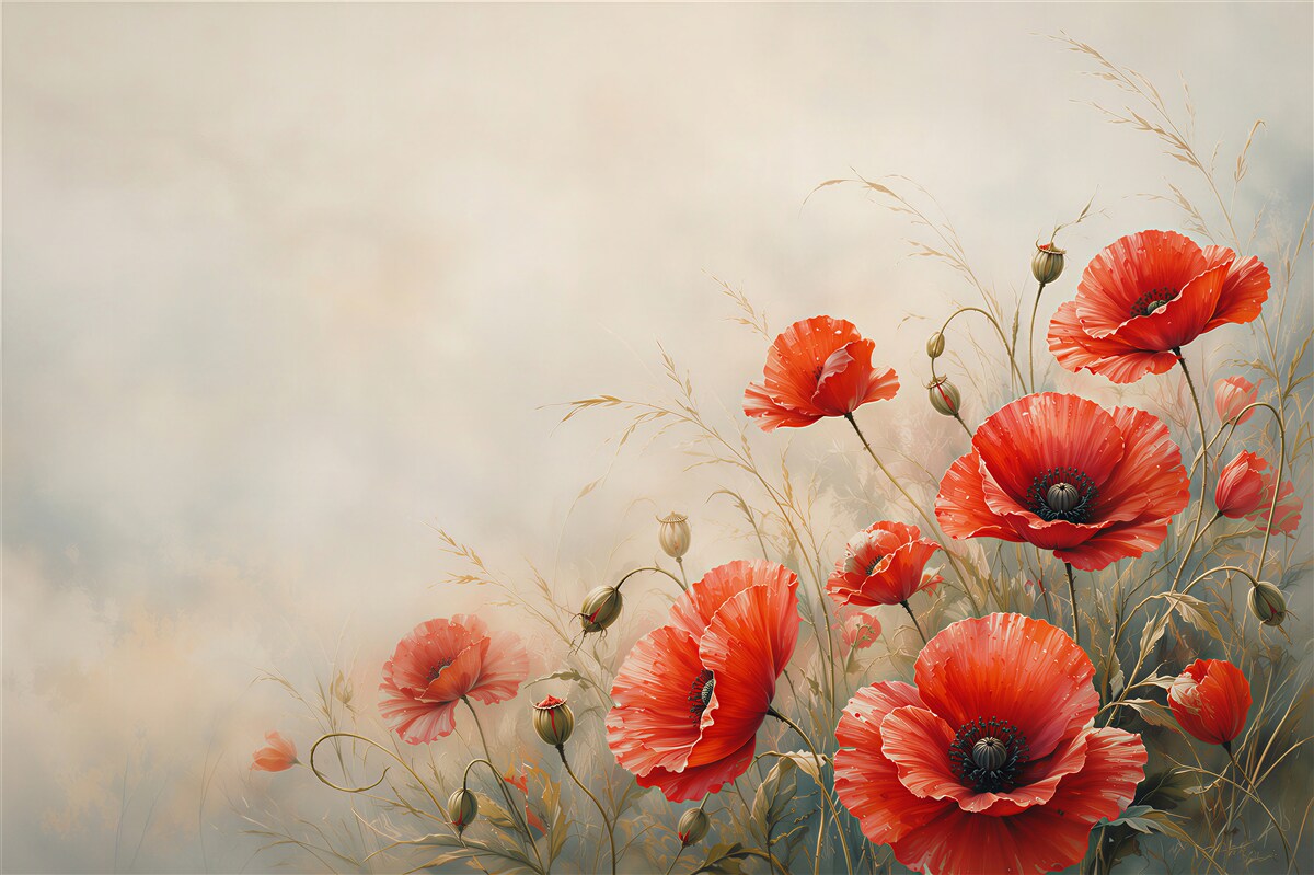 Papier peint champ de coquelicots rouges sous la tempête