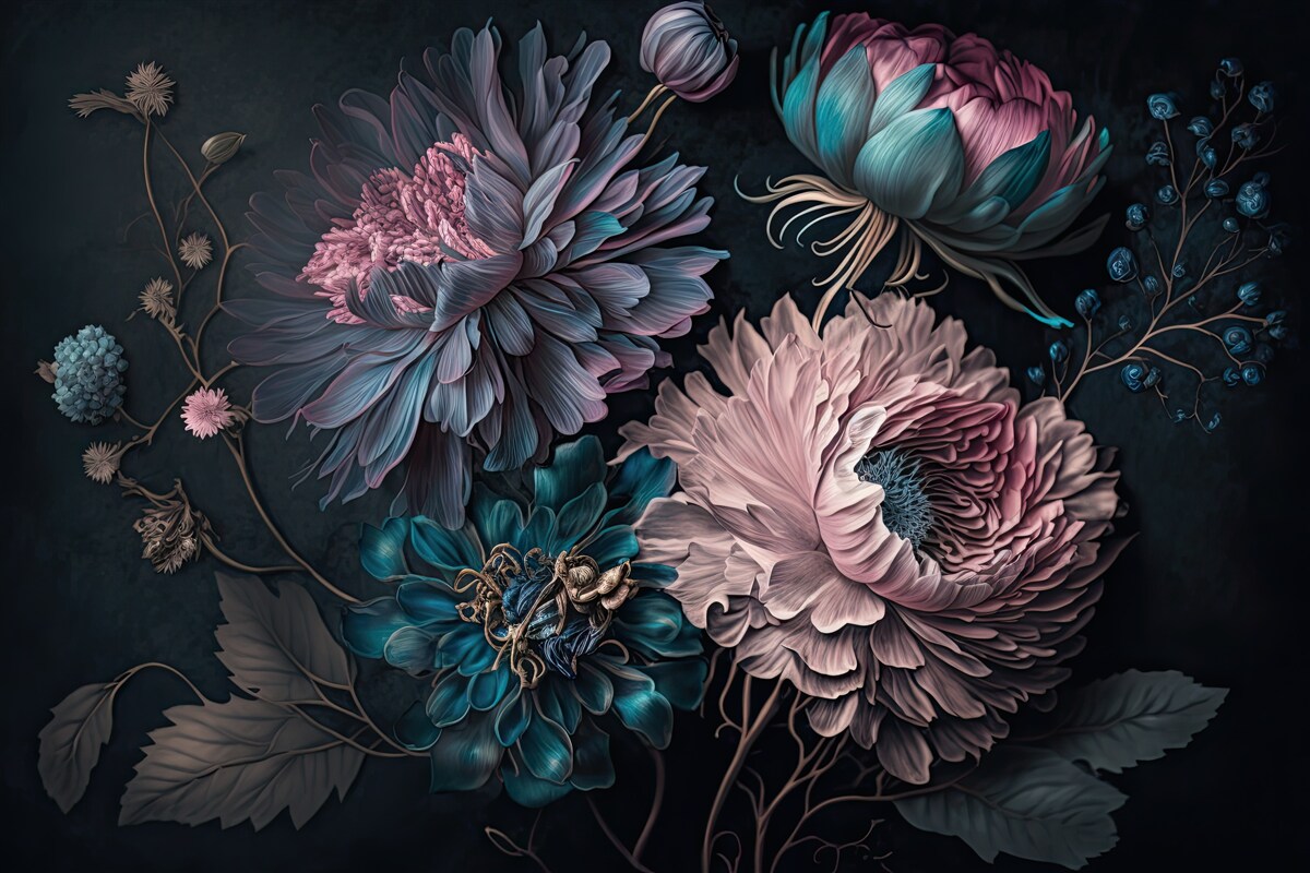 Papier peint bouquet de fleurs tropicales sur fond sombre