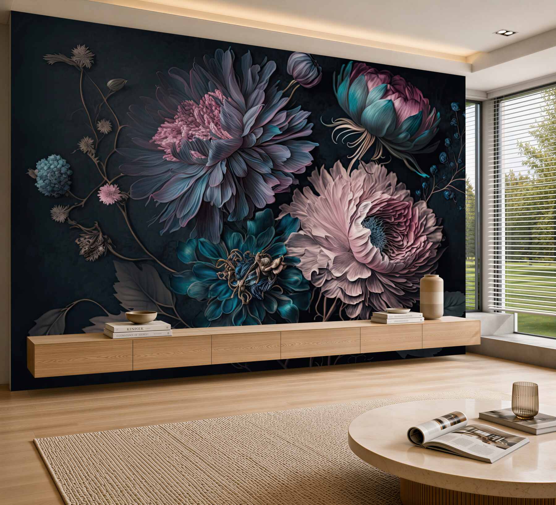 Papier peint bouquet de fleurs tropicales sur fond sombre