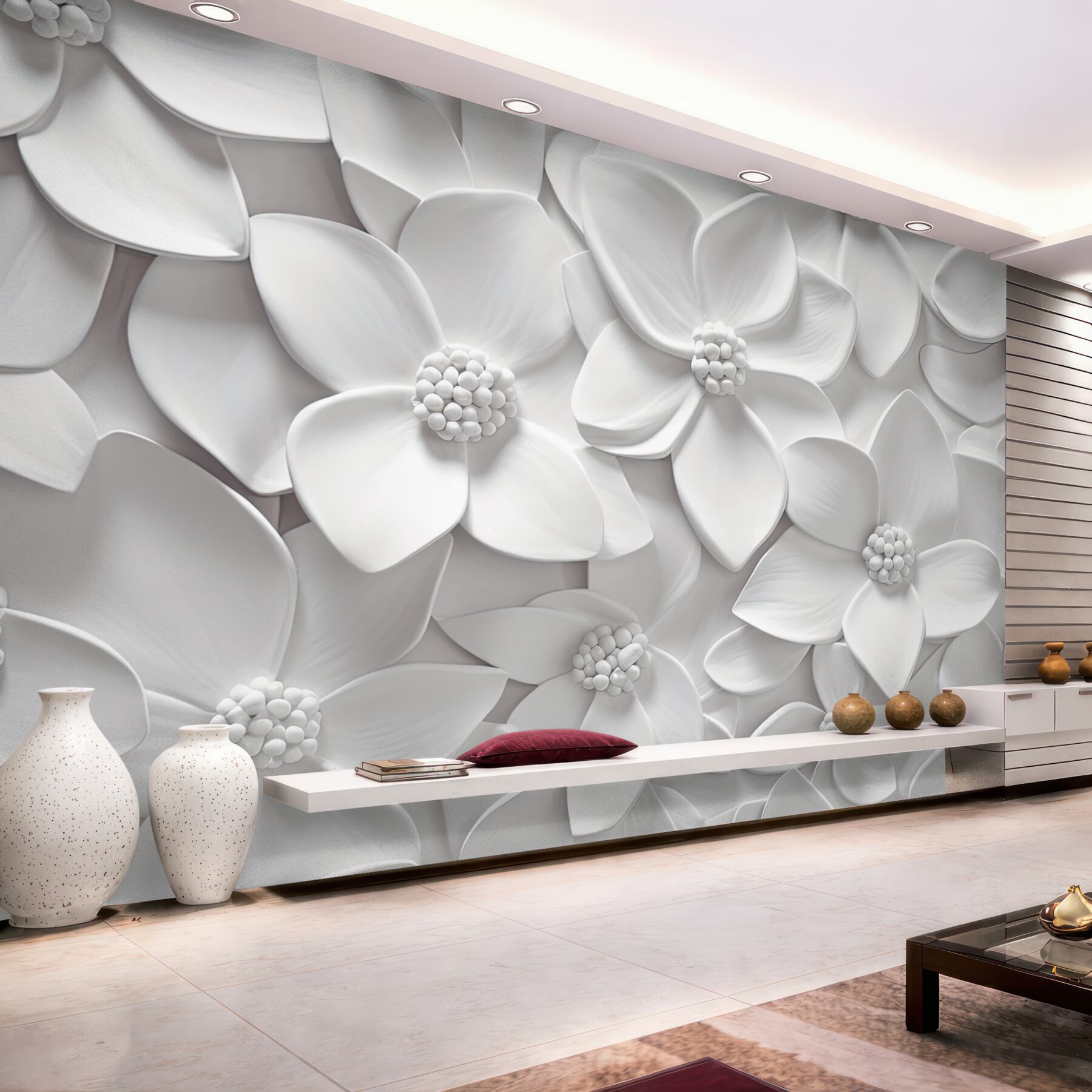Papier peint bas-relief avec des fleurs blanches