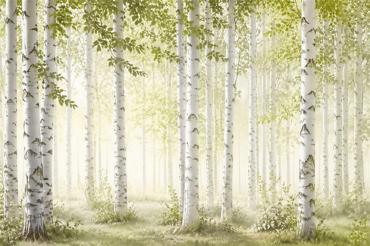 Papier peint feuilles vert clair de bouleaux élancés