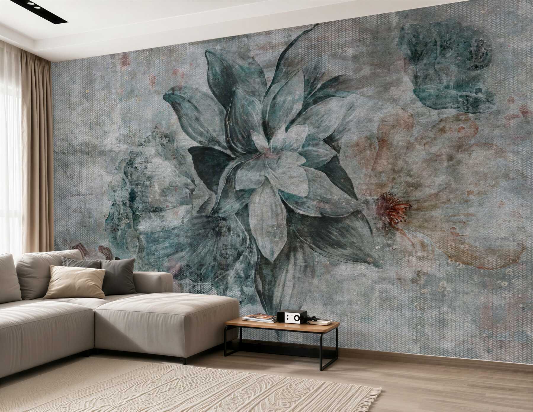 Papier peint fleur bleu et blanc sur fond flou