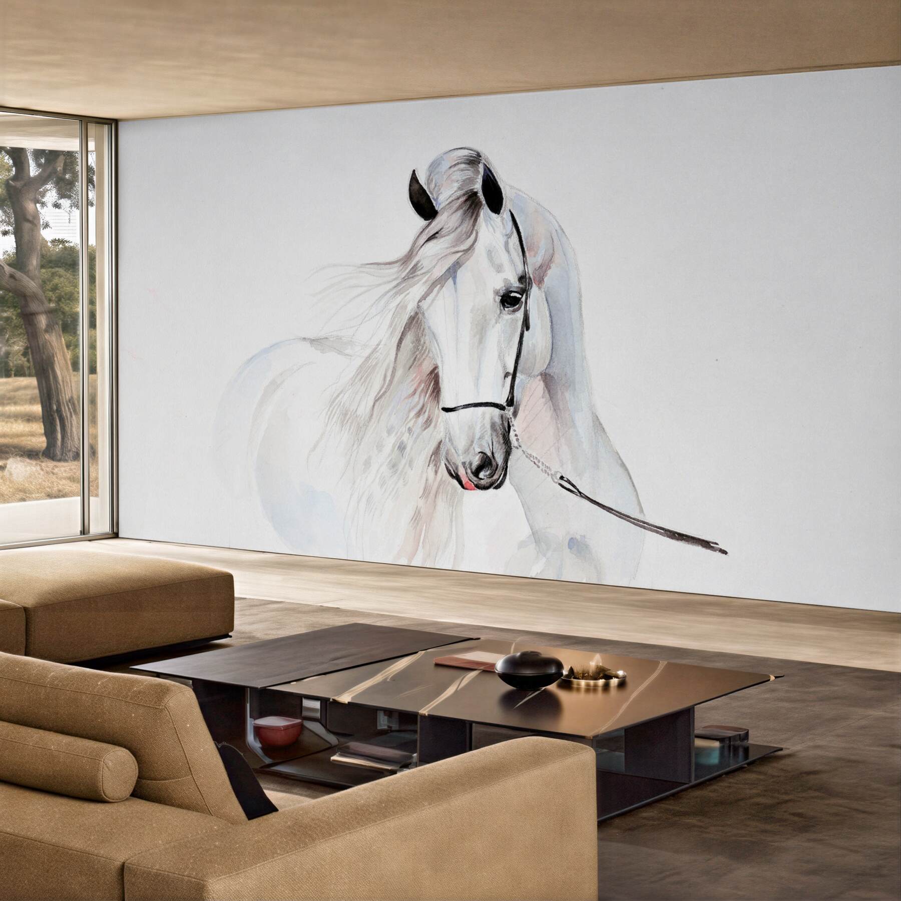 Papier peint cheval blanc en harnais