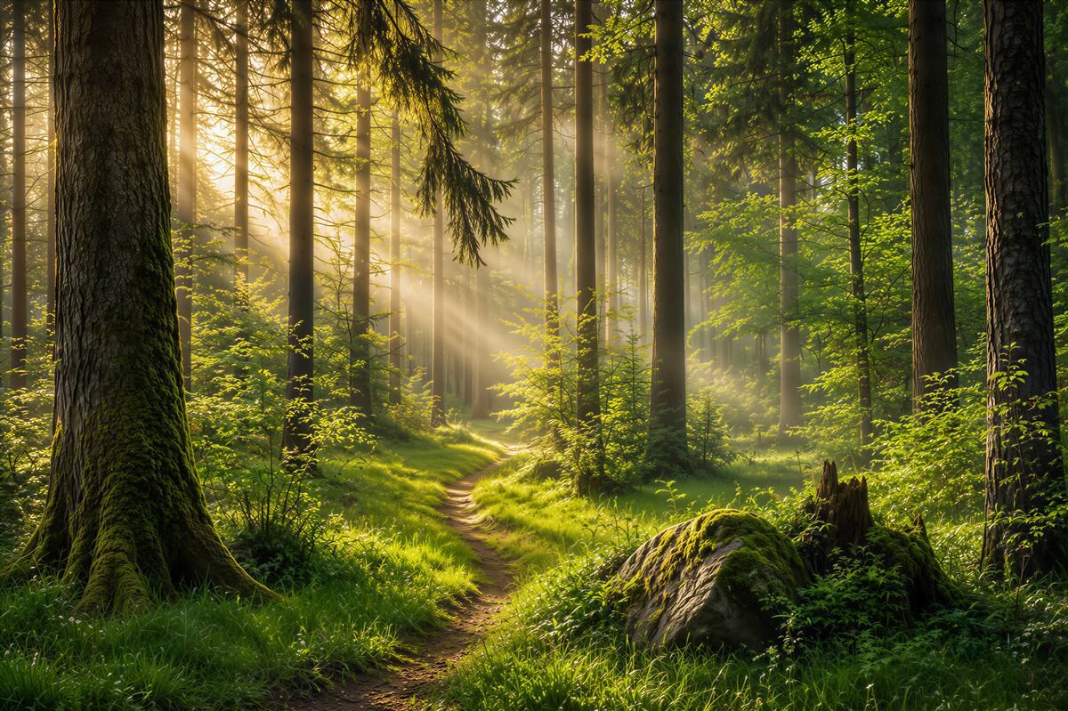 Papier peint matin forestier parmi la verdure